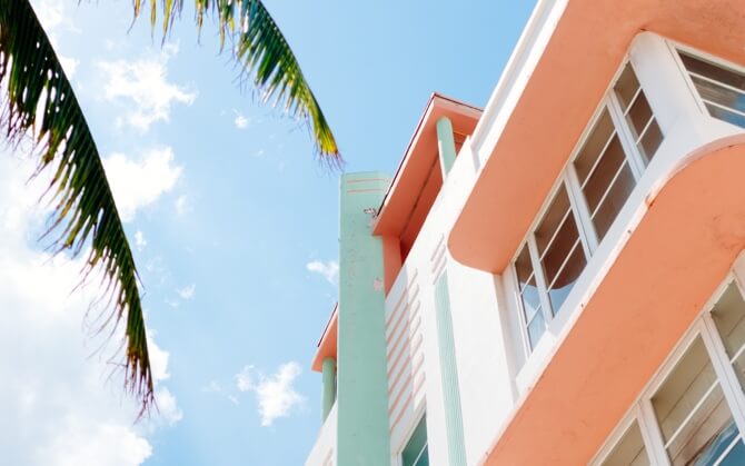 peach and turquoise building